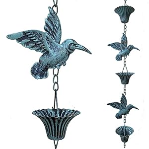Rain Chain 8.5FT, Hummingbird and Cup Rain Chains for Gutters, Functional Replacement for Downspout, Metal Rainwater Catcher Chain, Outdoor Garden Decor, Antique Blue