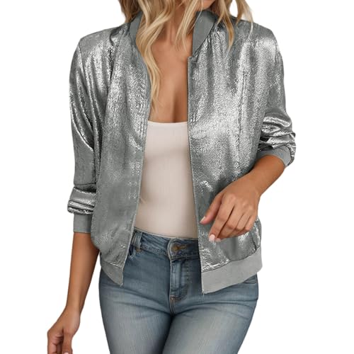 Veste Sequin Femme, Veste Paillettes Femme Sequins Bomber Sequin Blousons Aviateur Paillette Manches Longues Blouson De Printemps Chic Et Elegant Vestes Disco...