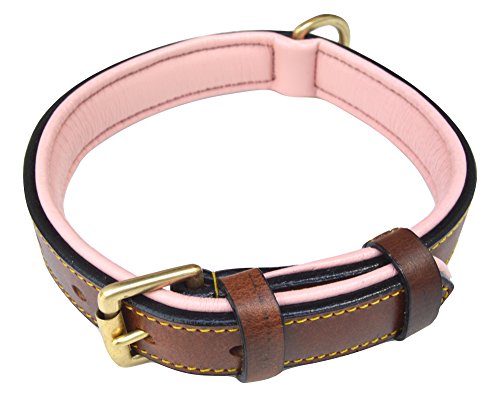 Soft Touch Collars Leather Padded Dog Collar, Brown with Light Pink Padding, Size Medium, Real Genuine Leather