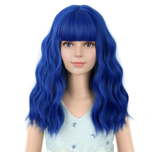 Image of PATTNIUM Girls Blue Short Curly Wavy Wigs with Bangs | Kids Dark Blue Synthetic Wig Halloween Costume Cosplay Party Wig
