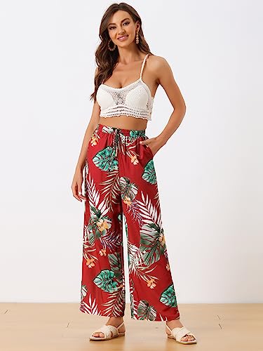 Allegra K Women's Floral Palazzo Elastic Waist Casual Wide Leg Tropical Beach Pants3