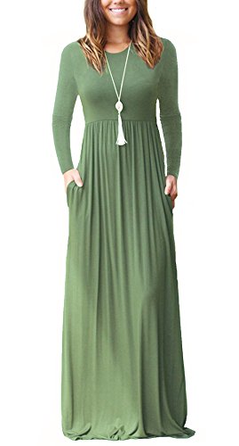 LHS Charmer Women Long Sleeve Loose Plain Maxi Dresses Casual Long Dresses with Pockets,GreenXXL