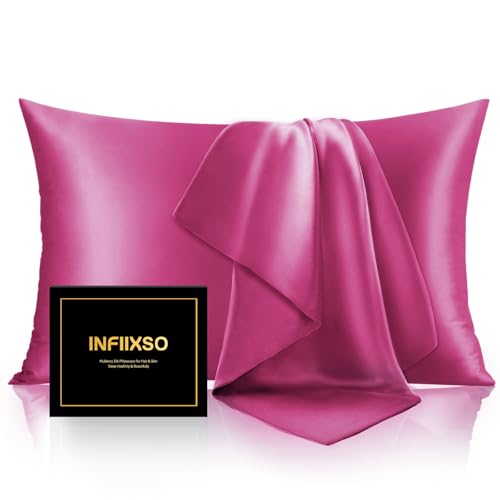 INFIIXSO Mulberry Silk Pillow Cases Standard Size with Zipper, Hot Pink