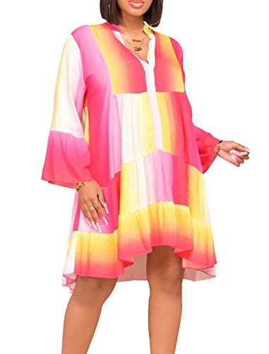 Image of FairyLove Women Wedding Ruffle Dresses Flowy Puffy with Deep V Neck Pleated Hem Lantern Long Sleeve Bell Sleeves