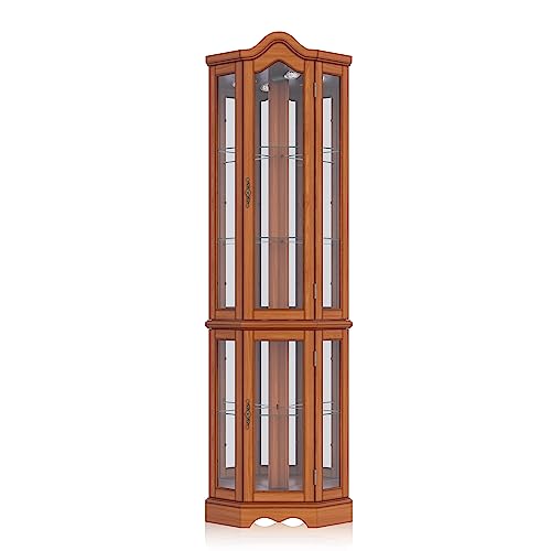 Image of BELLEZE Lighted 3-Side Glass Display Curio Cabinet w /Tempered Glass Doors and Shelves, Curved Wood Corner Cabinet with Bulb, Corner Storage Rack for Living Room and Kitchen (Oak)