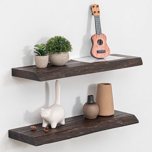 Image of Floating Shelves for Wall, 24 inchx9.3 inch Rustic Solid Live-Edge Elm Wood Wall Shelves, Heavy-Duty Floating Shelves with Invisible Brackets, Set of 2 for Living Room, Bedroom, and Kitchen, Walnut Finish