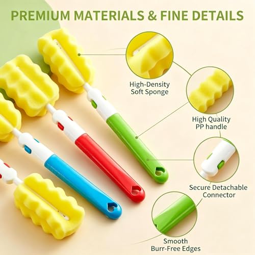 Image of 3PCS Replaceable Cleaning Bottle Sponge Brush Sponge Cup Brush Set with 3 Replacement Brush Head Portable Long Handle Water Bottle Cleaner Brush for Water Bottle Glasse Bottle Mugs Cup (Color Random)