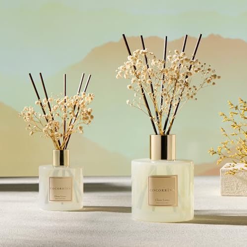 Image of COCORRINA Reed Diffuser - Clean Linen 17 Fl.oz Reed Diffuser with 8 Sticks Scented Diffuser with Preserved Flowers for Bathroom Home Decor