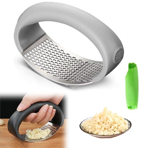 Garlic Press Crusher, Stainless Steel Garlic Press, Garlic Press Rocker Garlic Mincer, Cooking Utensil Garlic Slicer Garlic Press Rocker for Chopped Vegetables Uses (Gray)