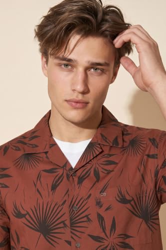 Image of Peter England Men's Cotton Blend Classic Fit Floral Print Casual Shirt | Cuban Collar, Half Sleeves | Casual Wear