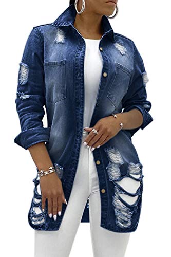 Denim Jacket For Women Ripped Sexy Long Sleeve Classic Distressed pocket Jeans Coat Denim Trucker Jackets