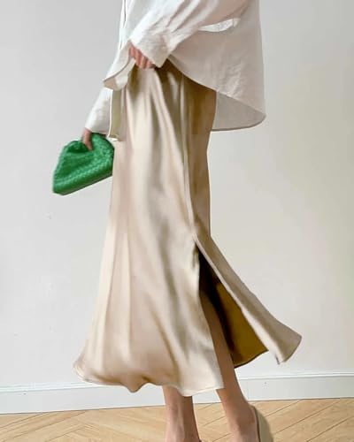 22 Momme Silk Midi Skirt High Waist Slit Charmeuse Mustard Green Elastic Waist2