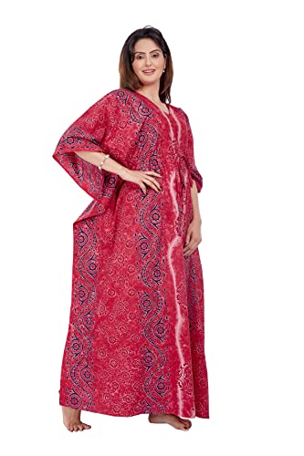 Image of Womens Cotton Hand Dyed Batik Kaftan Nighty With Drawstring Waist | V-Neck Printed Free Size Relaxed Fit Casual Sleepwear Loungewear Nightwear Kaftan Dress Gift (Pink Design)