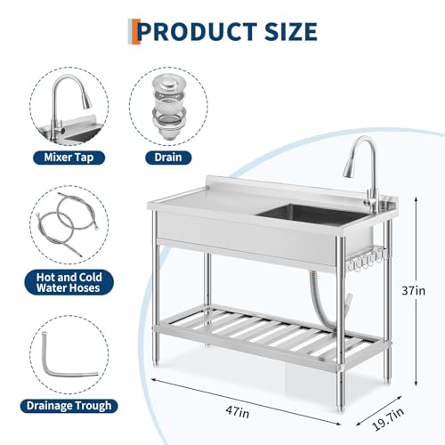 Image of Garvee 47 Inch Commercial Utility Sink with Faucet, Freestanding Stainless Steel Sink with Workbench & Storage for Kitchen, Laundry, Garage, Outdoor