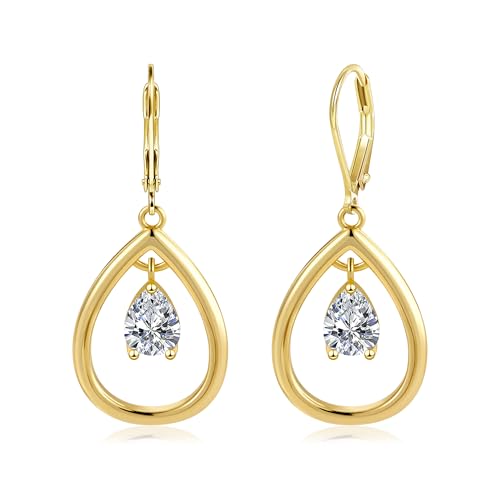 925 Sterling Silver 14K Gold Teardrop Dangle Earrings for Women, ALEXCRAFT Dangling Drop Leverback Cubic Zirconia Dangly Proms Statement Rhinestone Earings Wedding Bridesmaid Earring Hypoallergenic