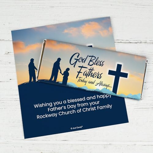 25 Pack Personalized Fathers Day DIY Chocolate Candy Bar Wrapper Favors for Keepsakes, Church Giveaways, Custom Dad Gifts & More (Candy Not Included) - God Bless Fathers
