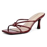 Goderci Kitten Strappy Heels for Women Knotted Square Open Toe Slip On Mule Heels Mid Heeled Sandals(9,Burgundy)
