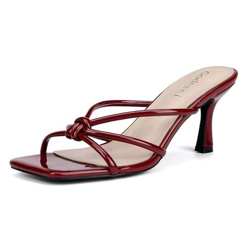 Image of Goderci Kitten Strappy Heels for Women Knotted Square Open Toe Slip On Mule Heels Mid Heeled Sandals
