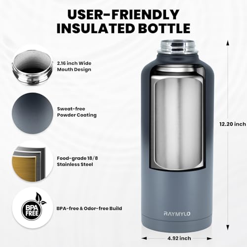 Image of RAYMYLO Insulated Water Bottle 87 oz, Triple Wall Vacuum Stainless Steel (Cold for 48 Hrs), Leak Proof & Non-BPA, Modern Water Flask Jug with Paracord Handle & Straw Spout Lids, Dark Grey