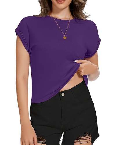 Image of Womens Crop Tops Summer Roll Cap Sleeve Cropped Tshirt Loose Fit Basic Tees