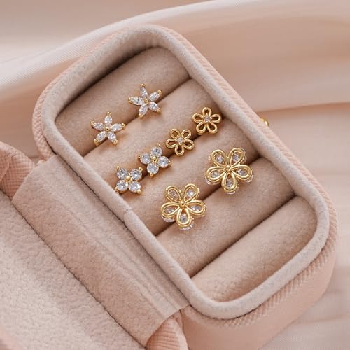 Image of 5 Pairs 14K Gold Plated Stud Earrings for Women, Hypoallergenic Earring Sets for Multiple Piercing, Premium Cubic Zirconia Studs Earrings for Women