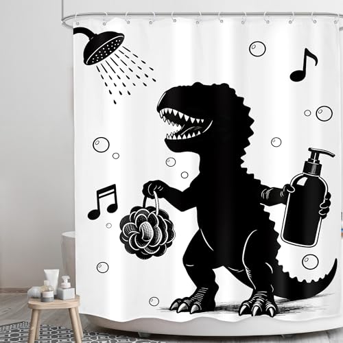 Image of Kids Funny Dinosaur Shower Curtain Bathroom Set 60Wx71H Inches Singing Dino Animal Taking Shower Cartoon Black and White Bubbles Bath Accessories Children Art Home Decor Fabric 12 Pack Hooks
