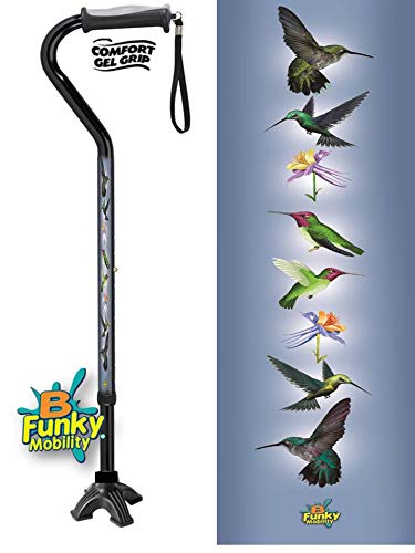 Walking Cane Gel Grip Offset Adjustable Aluminum Footed Quad Hummingbird Design