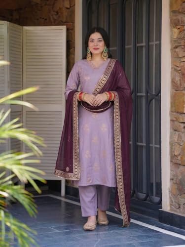 Image of GoSriKi Kurta Set Women Viscose Printed | Kurti Set Woman | Kurta Pant Dupatta 3 Piece Outfit | V-Neck 3 /4 Sleeve Straight Fit Ethnic Wear Ladies Dress Stylish Traditional Clothing