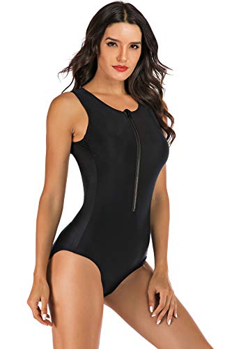Yateen Womens Rash Guard Zip Front Sleeveless One Piece Swimsuit Black thumb #2