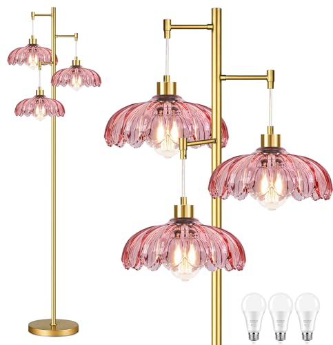 Image of QIYIZM Pink Floor Lamp for Living Room,Bedroom,Gold Mid Century Modern Standing Lamp Brass Tree 3 Light Tall Floor Lamps Vintage Retro Floor Lights Glass Flower Lamp Shade Farmhouse Boho Bohemian