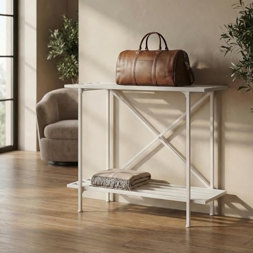 Image of ecofynd Metal Luggage Rack, 2-Tier Space-Saving Travel Organizer, Stable Luggage Holder for Guest Room, Bedroom, Hotel, Holds up to 150 Kg, Strong, Non-Slip Feet, X-Cross Brace at Back (White)