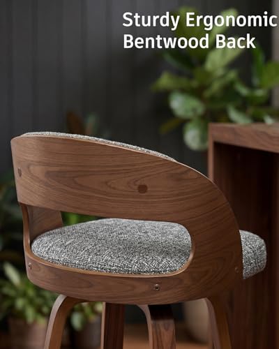 Image of AQG Swivel Bar stools Set of 3 Bar Chairs 26 inch Counter Height Mid-Century Modern Bentwood Barstool Faux Linen Upholstered Bar Chair with Back and Footrest, for Bar, Cafe, Dining, Kitchen Island, Gray