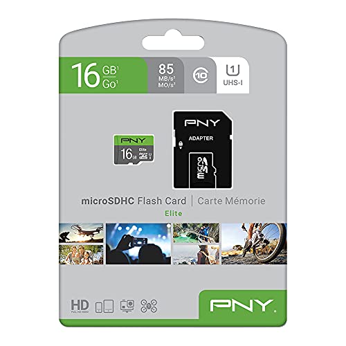 PNY Elite Carte Mémoire microSDHC 16 Go + Adaptateur SD, Vitesse de Lecture 100 Mo/s, Classe 10 UHS-I, U1 pour vidéo Full HD, 16GB