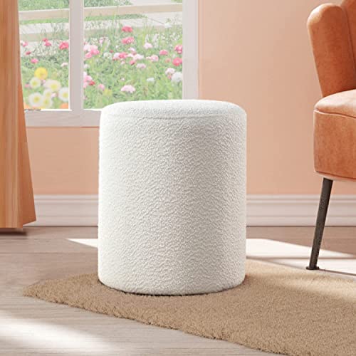 Get Set Style Modern Round Ottoman with Soft Padded Seat, Multifunctional Vanity Chairs for Makeup, Upholstered Footrest Stool Ottoman Foot Stool for Living Room, Bedroom, boucle, White