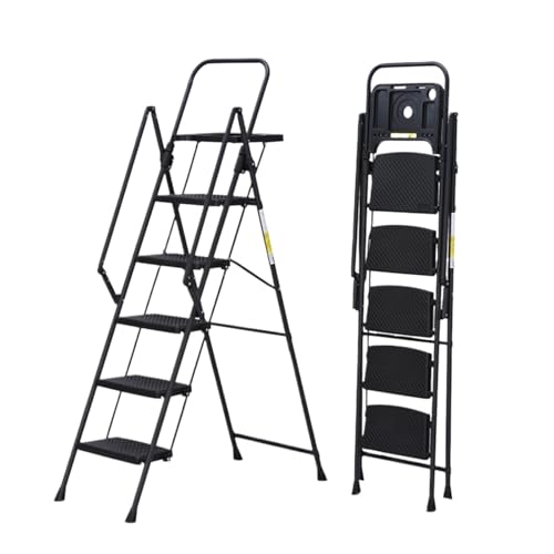 5 Step Foldable Steel Step Stool with Detachable Tool Tray, Wide Non Slip Pedals & Handrails for Indoor Outdoor Use