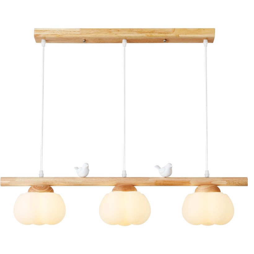 Suspension longue bande bois vintage 3 lumières boules