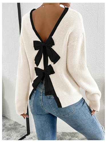 Women's Bowknot Ribbed Knit Sweaters Long Sleeve Crewneck Color Block Dressy Pullover Tops4
