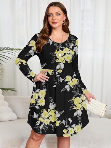 Image of AusLook Women's Plus Size Long Sleeve Midi Dress Casual Empire Waist Loose Flowy Dresses A-Line Boho Long Dress with Pockets