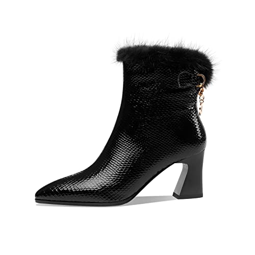 TinaCus Botas femininas de couro envernizado, feitas à mão, bico fino, zíper nas costas, salto carre