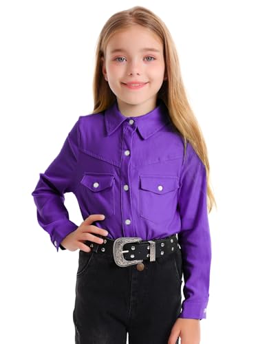Girls Western Shirt Long Sleeve Collared Retro Button Down Snap Shirts for Teen Cowgirl Style Country Top 5-16 Years2