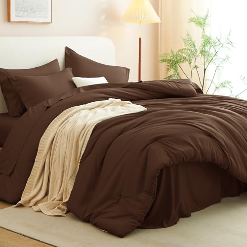 CozyLux Queen Comforter Set Brown, 7 Pieces Bed in a Bag Queen Size Comforter Set with Sheets, Bedding Sets with Down Alternative Comforter, Fitted Sheets, Flat Sheets, Pillow Shams and Pillowcases