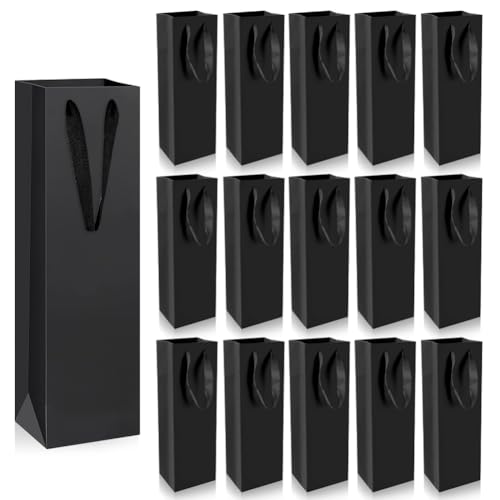 Aoreun Bolsas para Botellas, 15 Piezas Bolsas de Papel Kraft para Botellas con Asa Packaging, para Fiestas, Bolsa de Regalo para Vino (11 x 9 x 35 cm) (Negro)