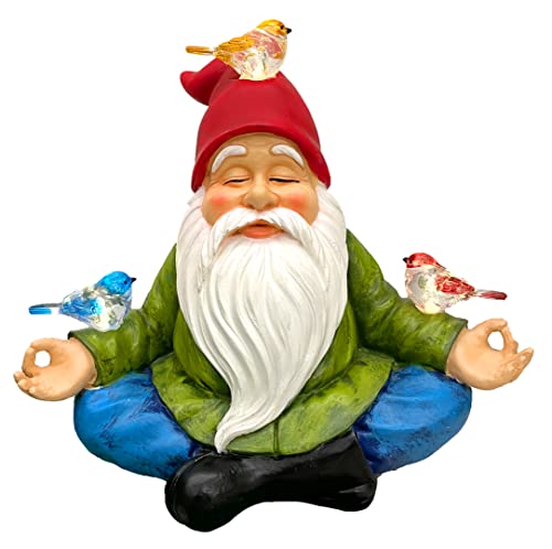 RAYWER Solar Powered Gnome with Red Hat and 3 Birds, Resin Garden Ornament with LED Light, Lawn Figurine Outdoor Decoration Statue (Gnome with 3 Birds)