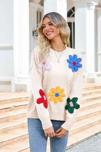 Women Floral Sweater Long Sleeve Round Neck Casual Lounge Colorful Flower Knit Pullover Top(White-L)4