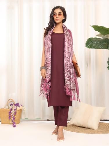Image of Varanga Women's Violet Strap Kurta with Tonal Bottom & Printed Dupatta - Round Neck, Side Slit Design, Stylish & Comfortable