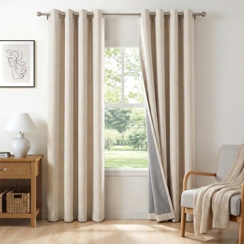 100% Blackout Shield Linen Blackout Curtains for Bedroom, Oatmeal Grommet