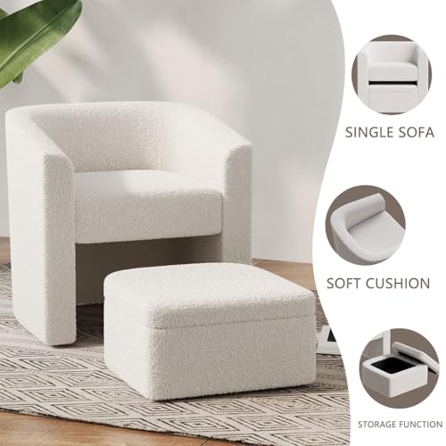 Accent Barrel Chair with Storage Ottoman, Upholstered Sherpa Comfy Sofa Armchair and Footrest Stool Set, Living Room Single Side Chair for Bedroom/Office/Reading Spaces, No Assembly Required - Thumbnail 5