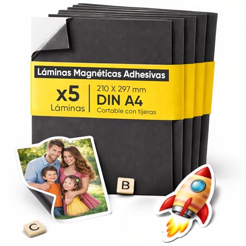 PREVIS Lámina Magnética Autoadhesiva DIN A4 (297 x 210 mm) – Hojas Imantadas Adhesivas para Fotos, Manualidades y Carteles – Película Magnética para Hogar, Escuela y Oficina (Pack 5 Unidades)