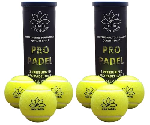 Main Products Padel Balls - Professional Tournament Quality Balls, 2 Tubes (6 Balls), 47% Wool, Pressurized for Extreme Durability, for All Courts. Pro Balls.