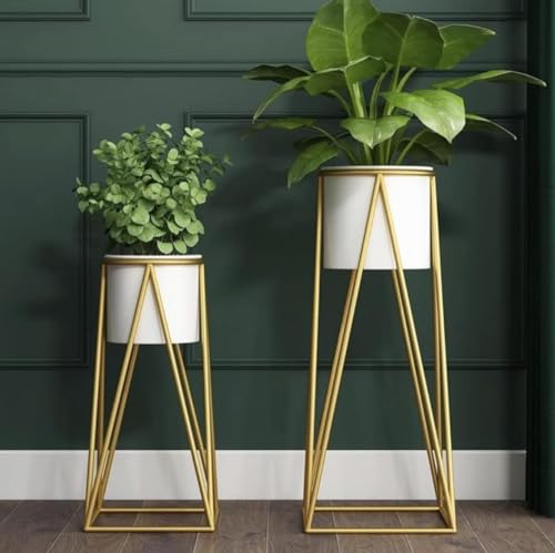 Image of HOME DECO Metal Planter Stand Set of 2 | Gold Flower Pot with Stand | Modern Indoor Outdoor Plant Stand | Tall & Short Iron Planter Holder for Home Decor | Decorative Plant Pot Stand (White)